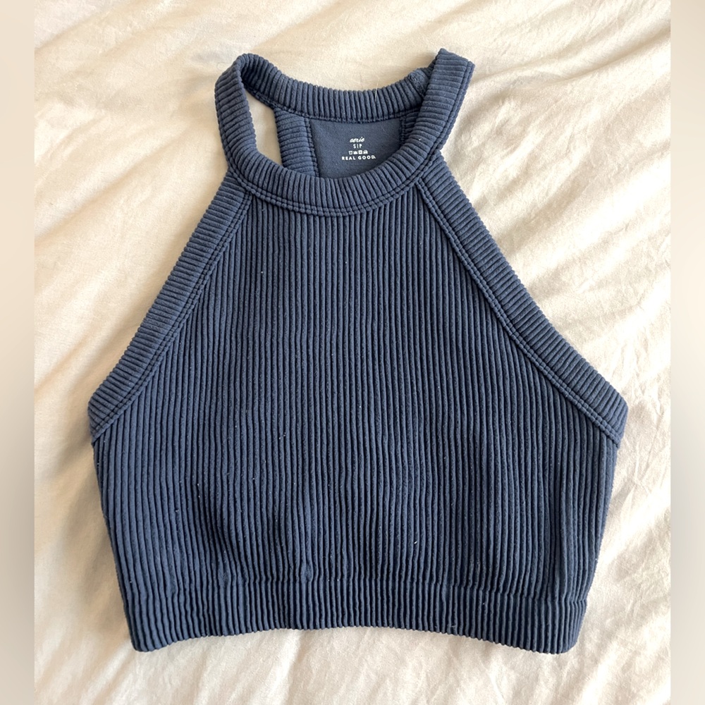 aerie cropped halter ribbed dark blue top